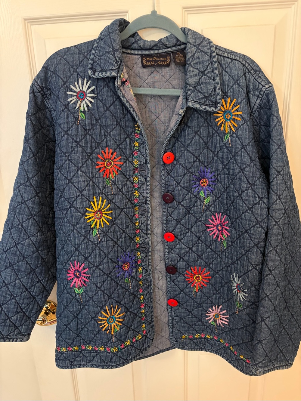 90s Vintage Quilted Embroidered Jacket - Blue with Colorful Florals - Medium